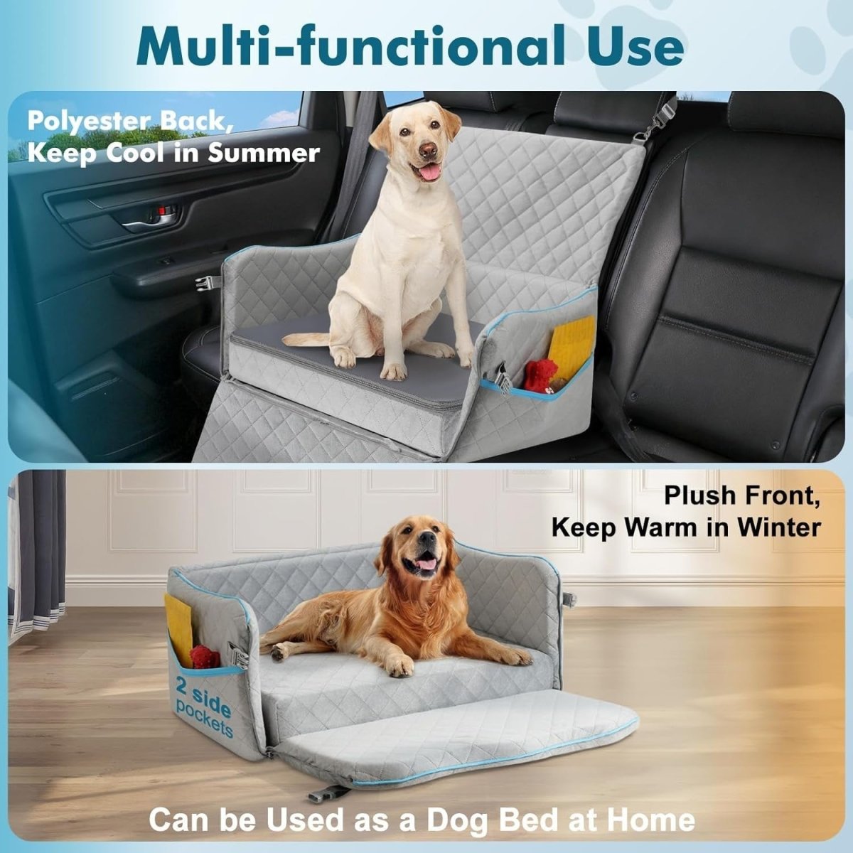 Large Dog Booster Car Seat Bed Washable Travel Cushion 60lb Gray - Kwikley