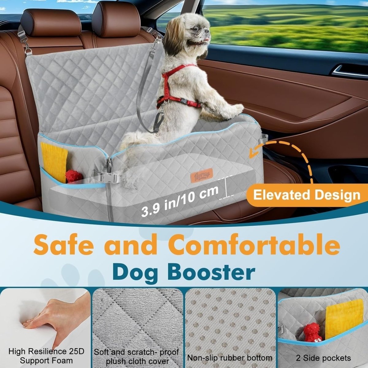 Large Dog Booster Car Seat Bed Washable Travel Cushion 60lb Gray - Kwikley