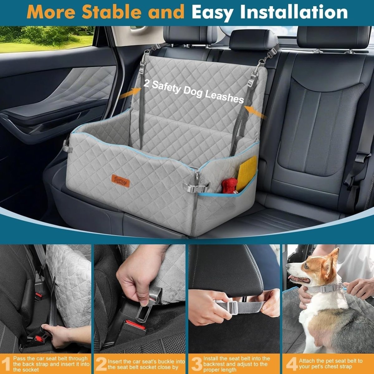 Large Dog Booster Car Seat Bed Washable Travel Cushion 60lb Gray - Kwikley