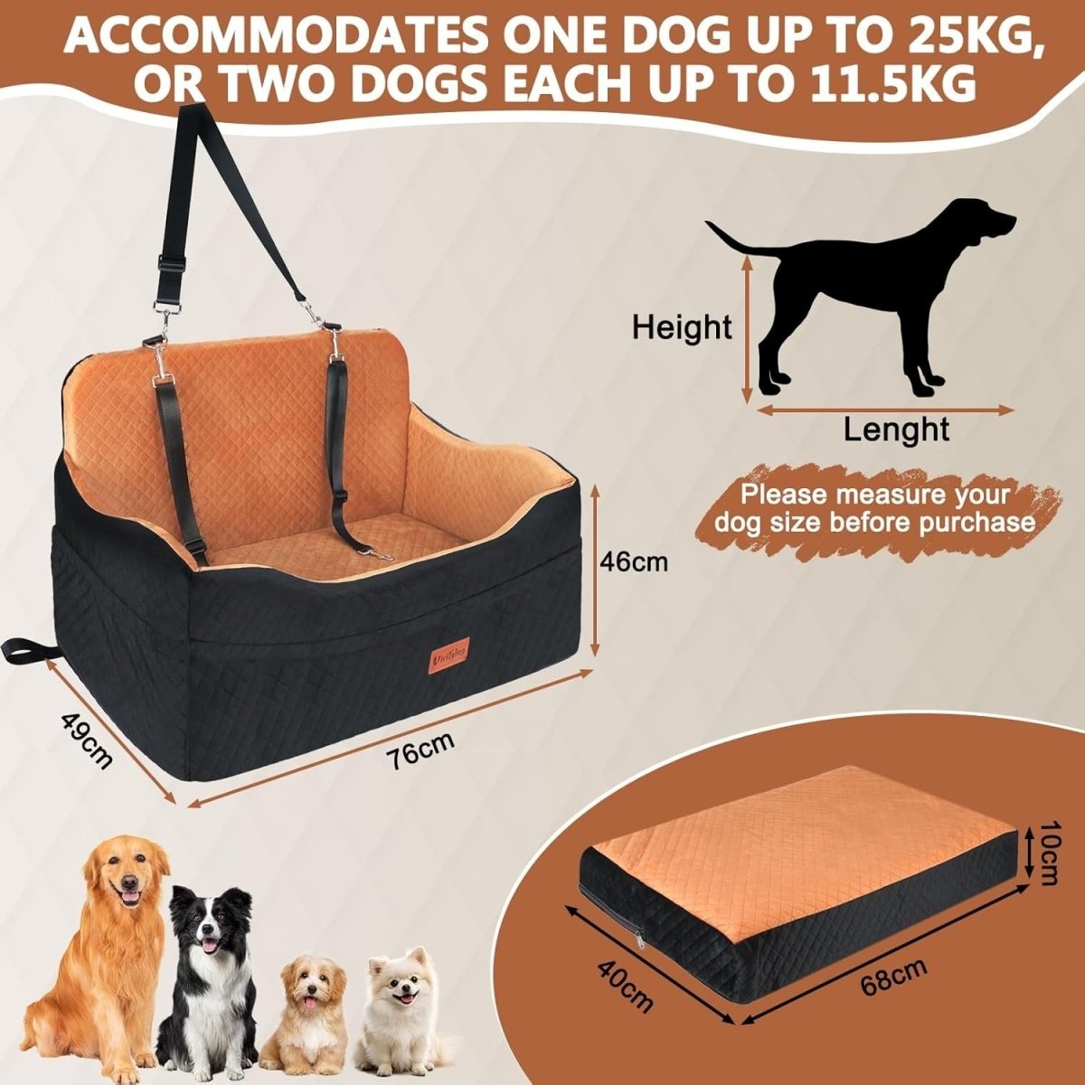 Large Dog Booster Car Seat Memory Foam Travel Bed Washable 25kg - Kwikley