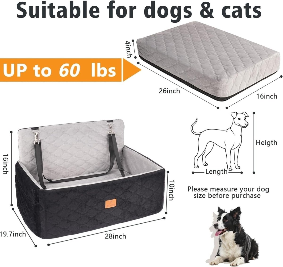 Large Dog Booster Car Seat Memory Foam Travel Bed Washable 60lb - Kwikley