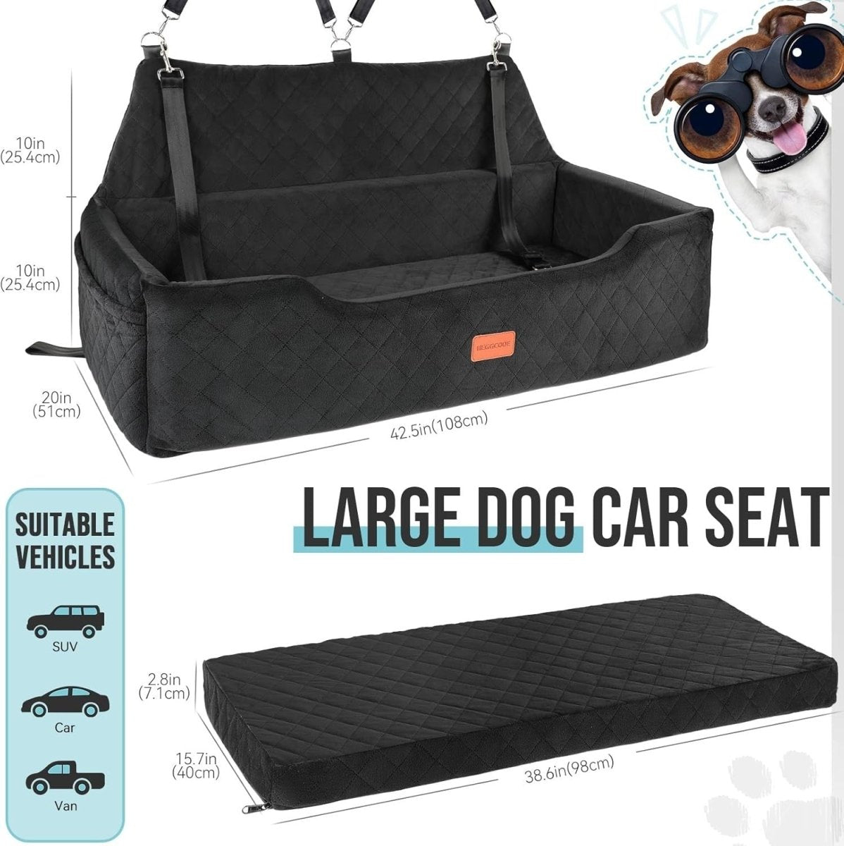 Large Dog Car Seat Bed 100lb Pet Booster Sofa Washable Travel Bed - Kwikley