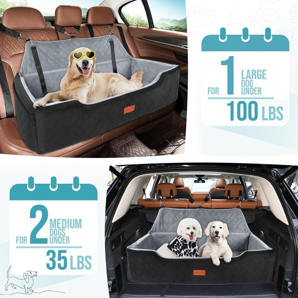 Large Dog Car Seat Bed 100lb Washable Booster Travel Bed for 2 Dogs - Kwikley