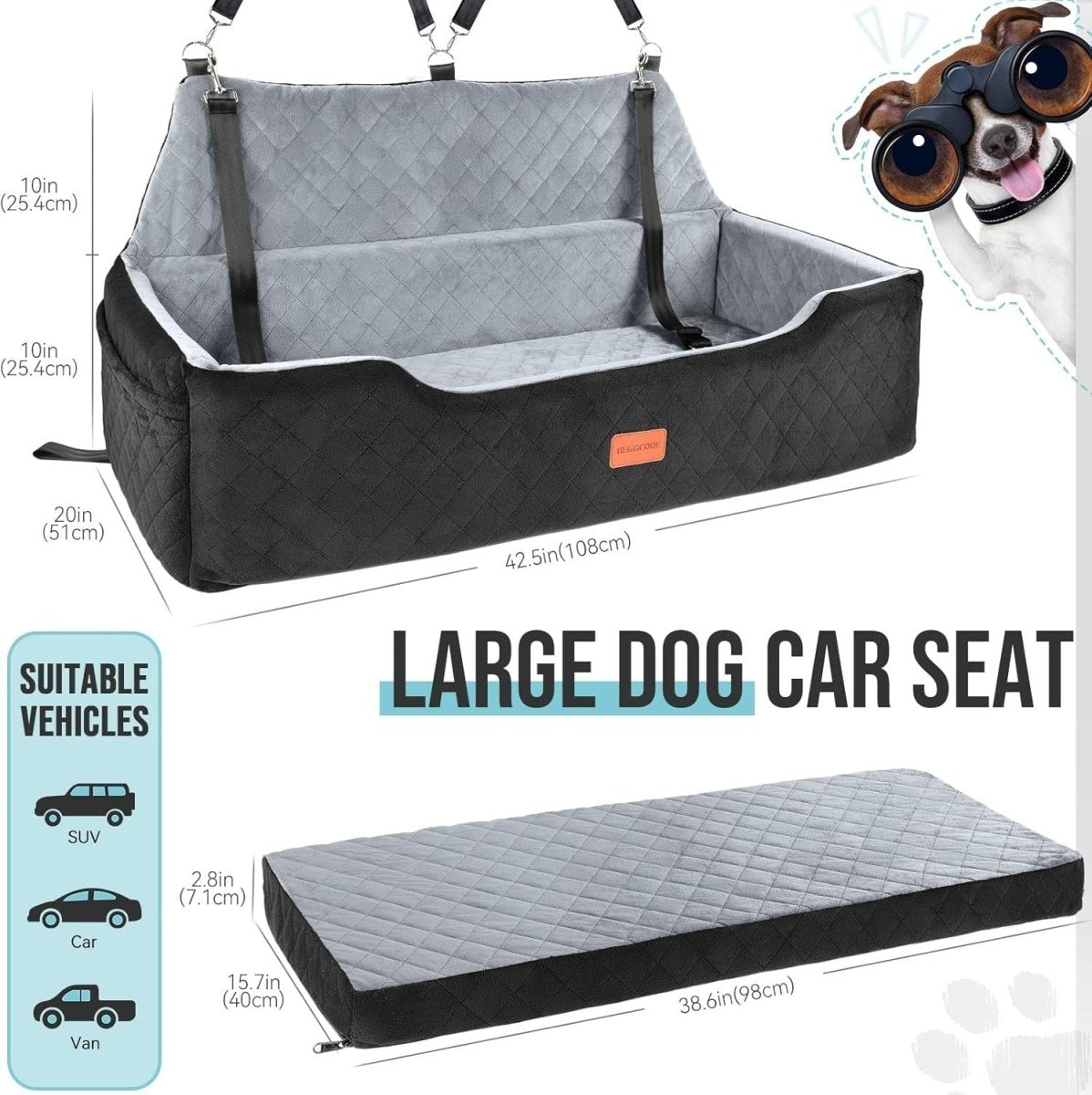 Large Dog Car Seat Bed 100lb Washable Booster Travel Bed for 2 Dogs - Kwikley