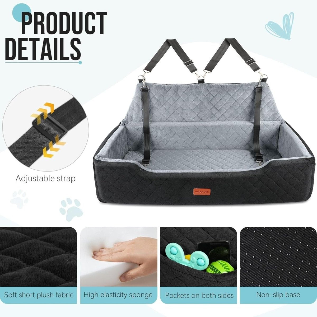 Large Dog Car Seat Bed 100lb Washable Booster Travel Bed for 2 Dogs - Kwikley