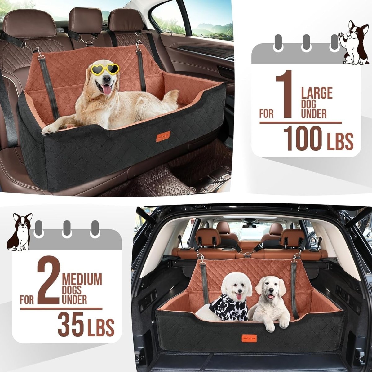 Large Dog Car Seat Bed 100lbs Booster Travel Bed for 2 Dogs Washable - Kwikley