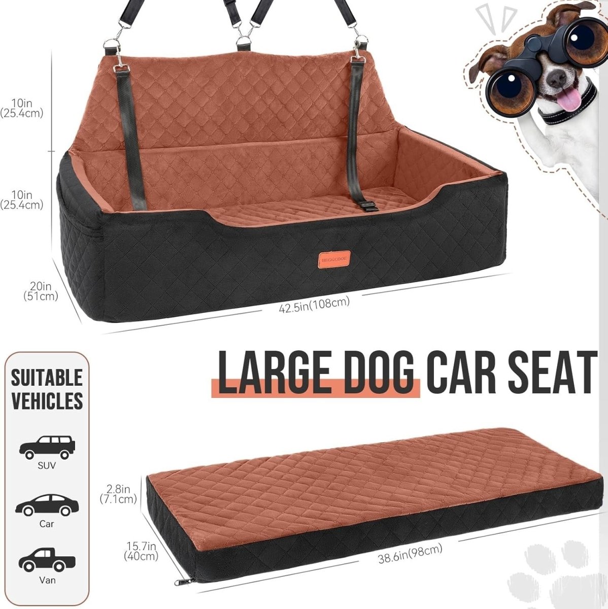 Large Dog Car Seat Bed 100lbs Booster Travel Bed for 2 Dogs Washable - Kwikley