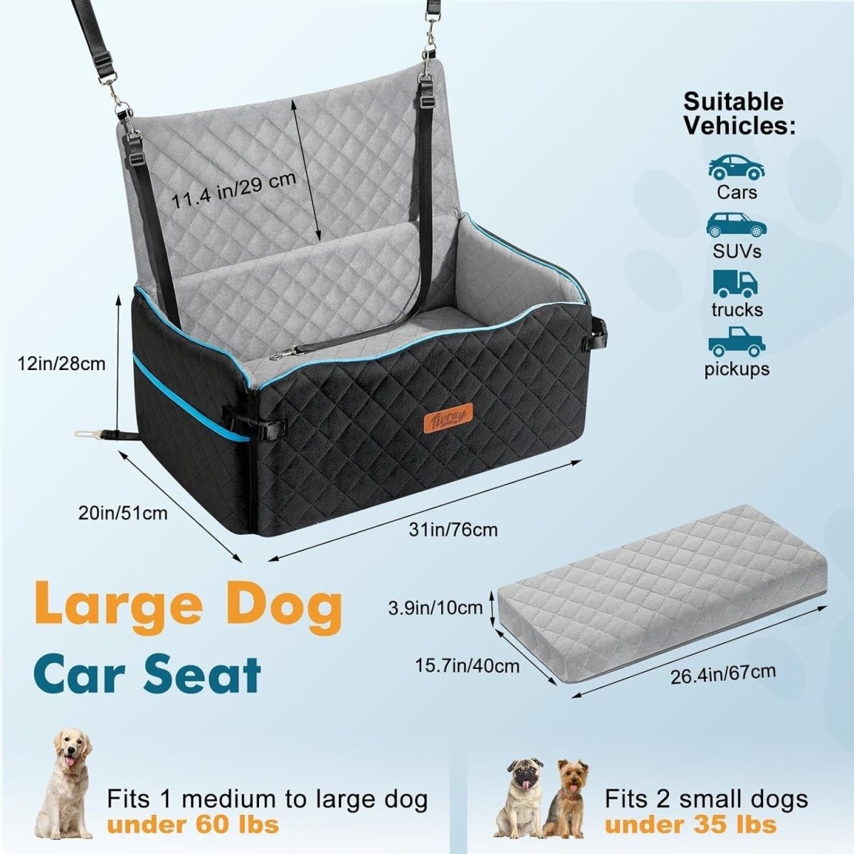 Large Dog Car Seat Bed 60lb Booster Washable Travel Cushion Backseat - Kwikley
