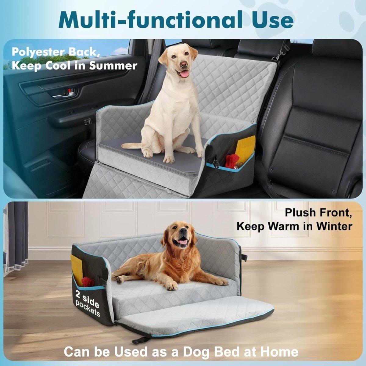 Large Dog Car Seat Bed 60lb Booster Washable Travel Cushion Backseat - Kwikley