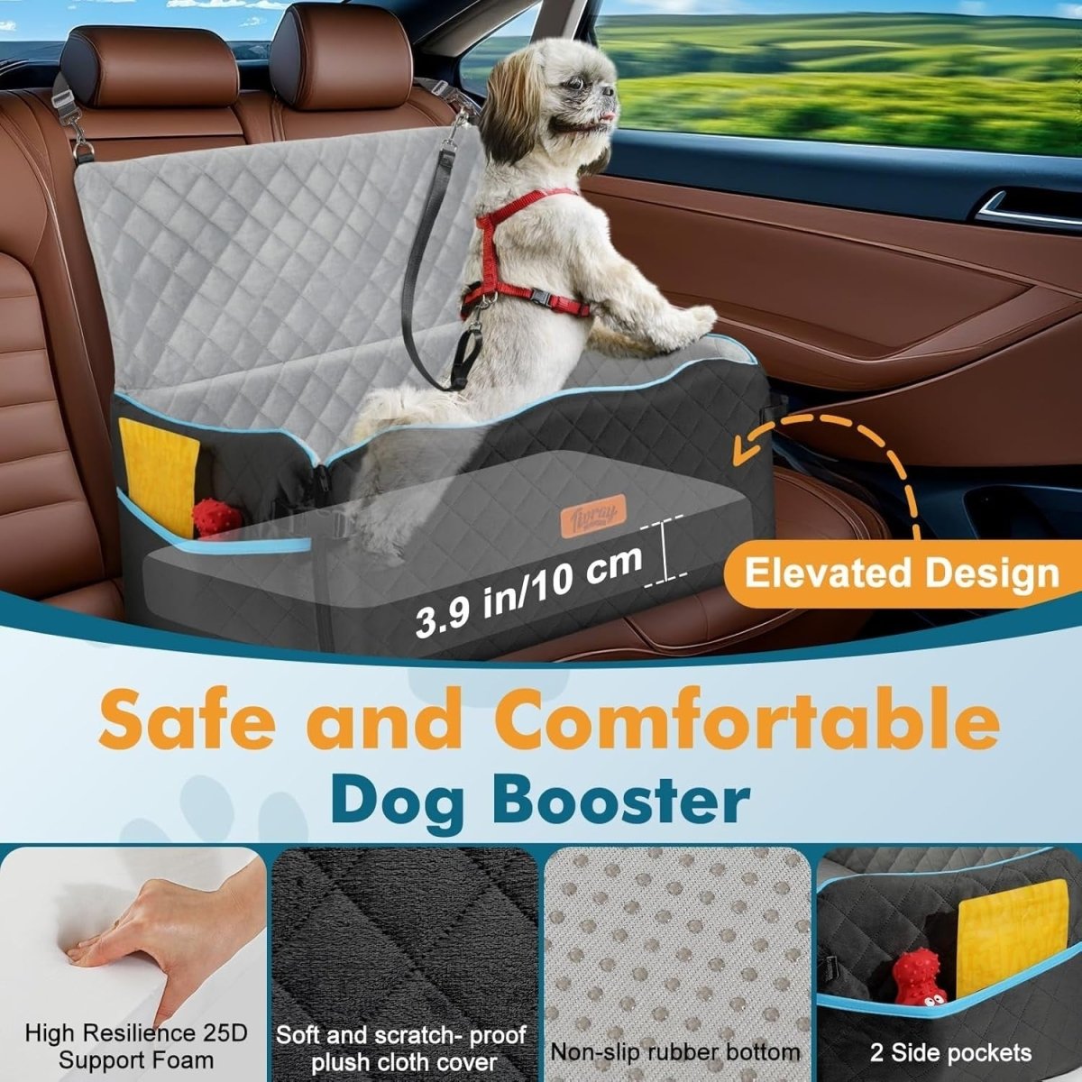 Large Dog Car Seat Bed 60lb Booster Washable Travel Cushion Backseat - Kwikley