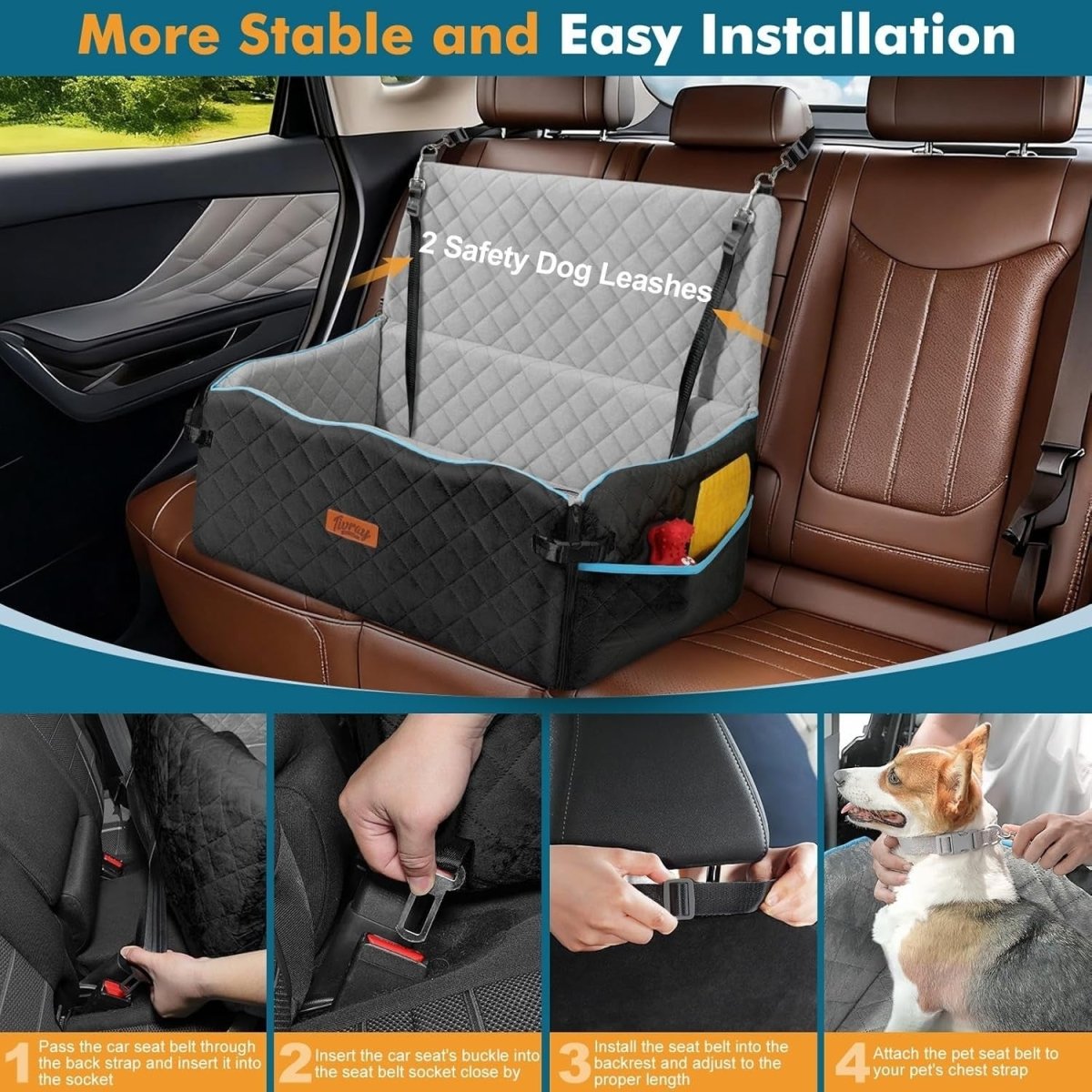 Large Dog Car Seat Bed 60lb Booster Washable Travel Cushion Backseat - Kwikley