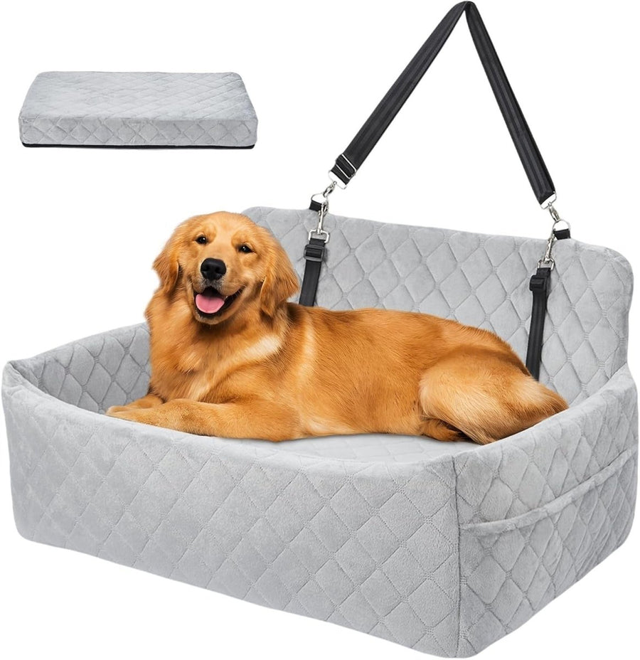 Large Dog Car Seat Bed Memory Foam Booster Travel Seat 55lbs Grey - Kwikley