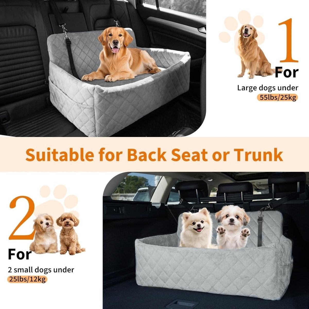 Large Dog Car Seat Bed Memory Foam Booster Travel Seat 55lbs Grey - Kwikley