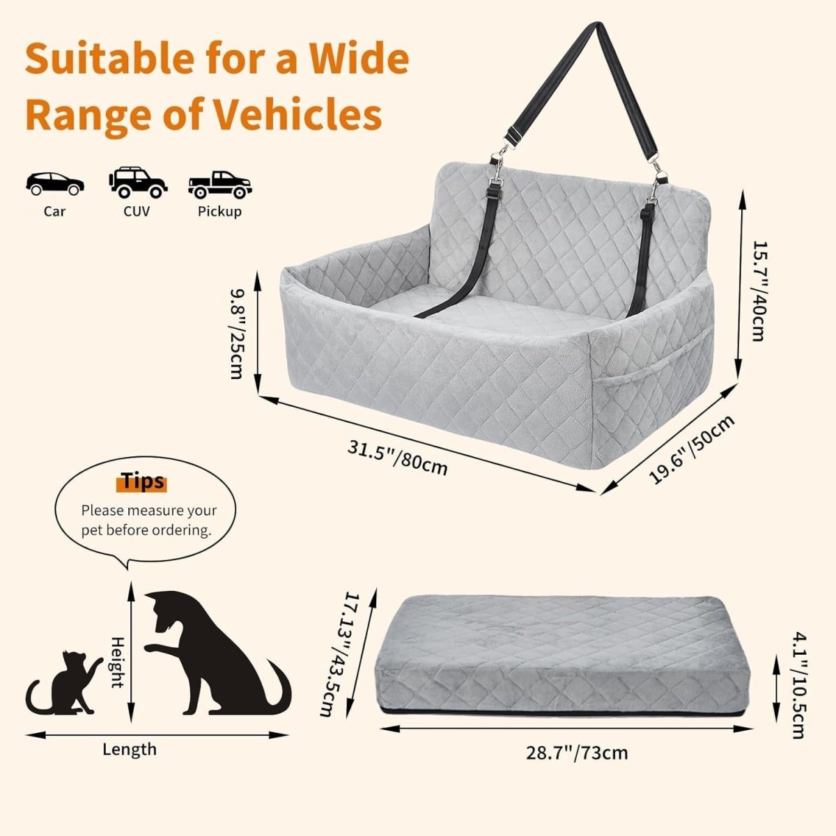 Large Dog Car Seat Bed Memory Foam Booster Travel Seat 55lbs Grey - Kwikley