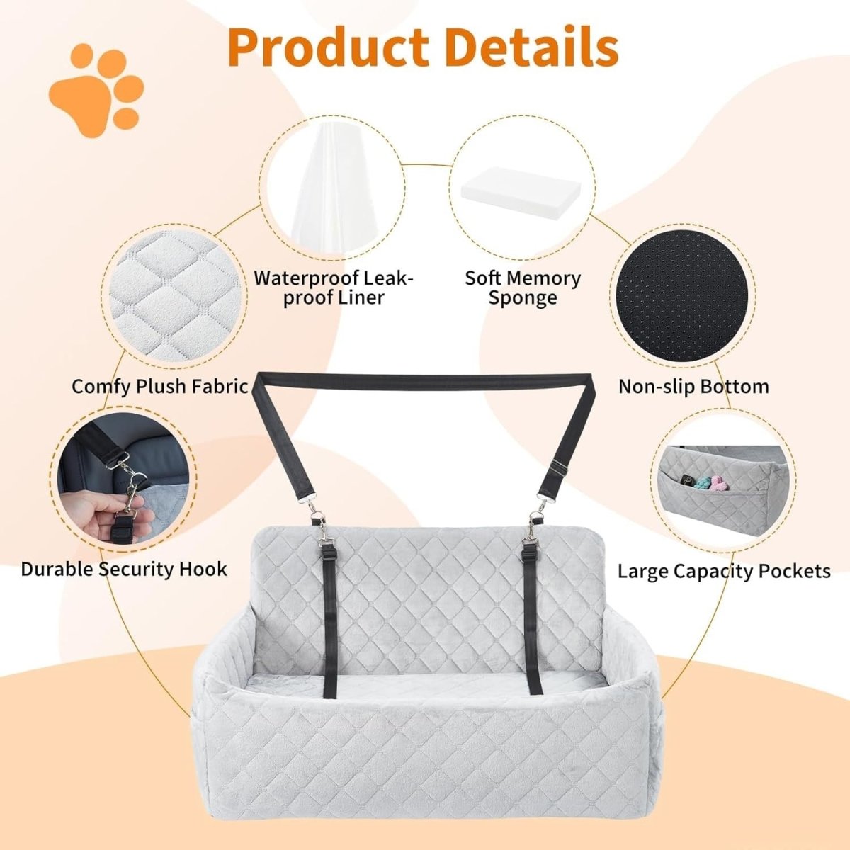 Large Dog Car Seat Bed Memory Foam Booster Travel Seat 55lbs Grey - Kwikley