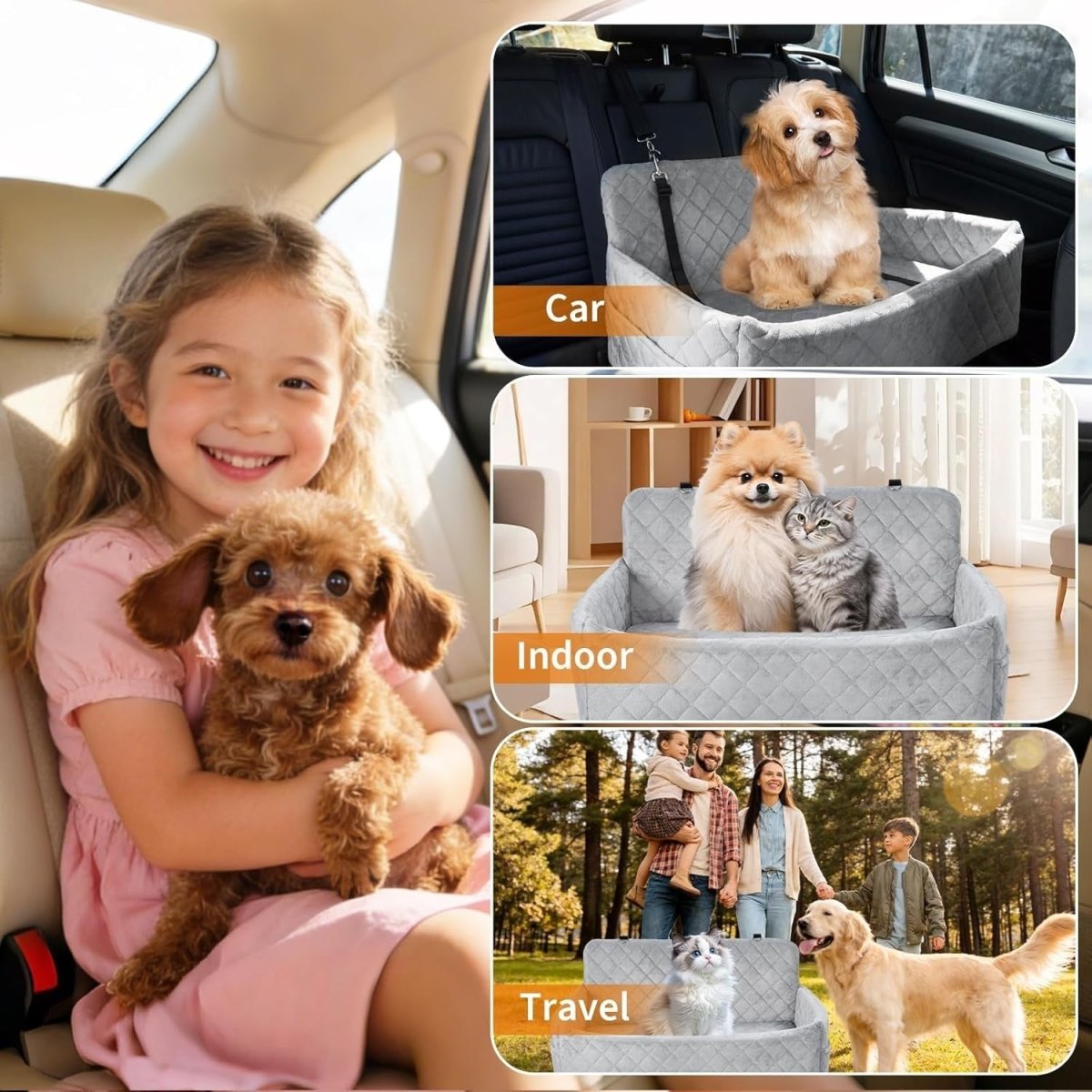 Large Dog Car Seat Bed Memory Foam Booster Travel Seat 55lbs Grey - Kwikley