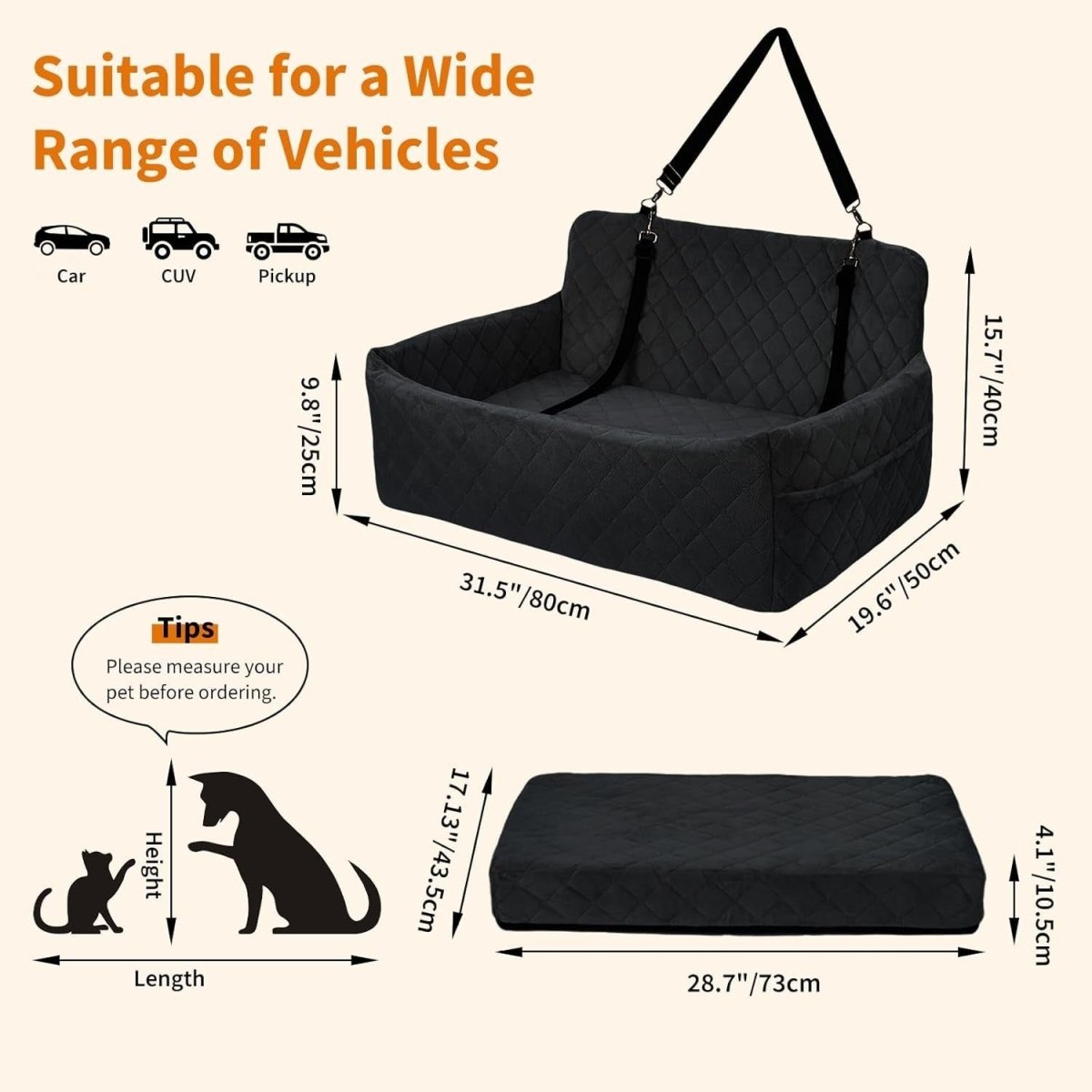Large Dog Car Seat Bed Memory Foam Travel Booster 55lbs Washable - Kwikley