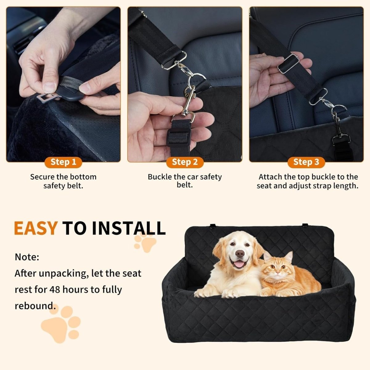 Large Dog Car Seat Bed Memory Foam Travel Booster 55lbs Washable - Kwikley