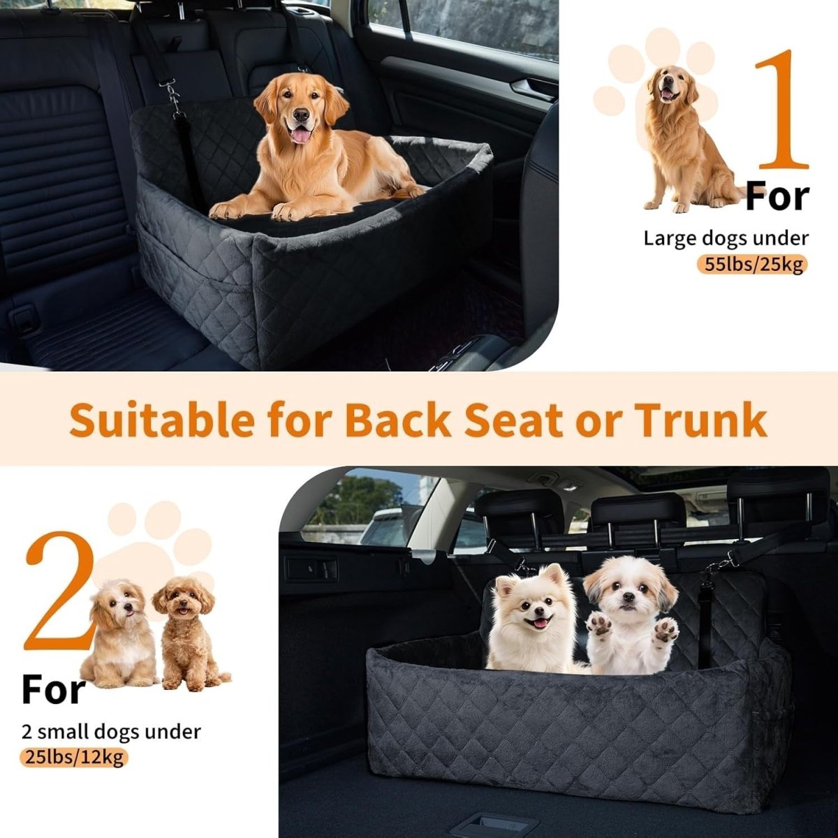 Large Dog Car Seat Bed Memory Foam Travel Booster 55lbs Washable - Kwikley
