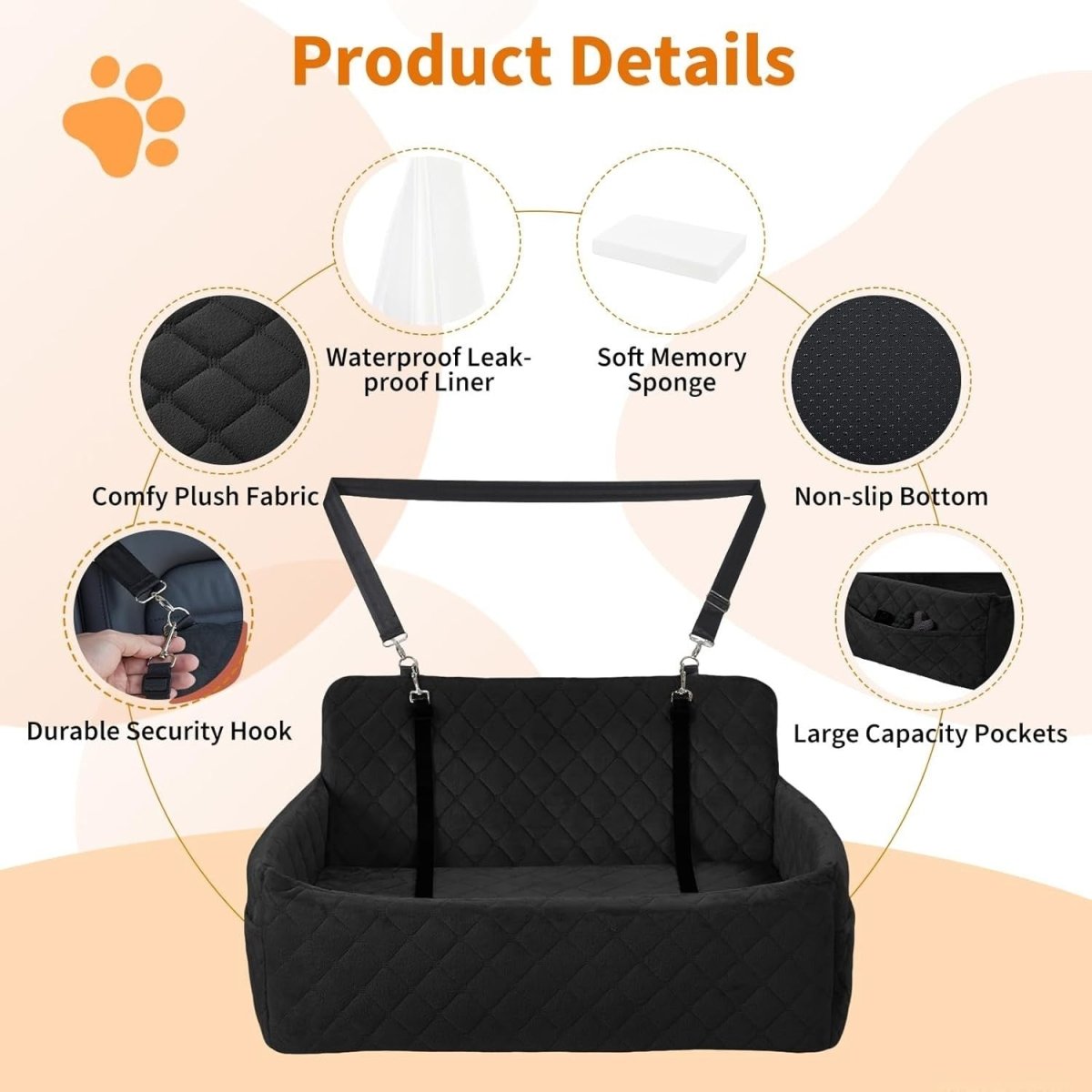 Large Dog Car Seat Bed Memory Foam Travel Booster 55lbs Washable - Kwikley