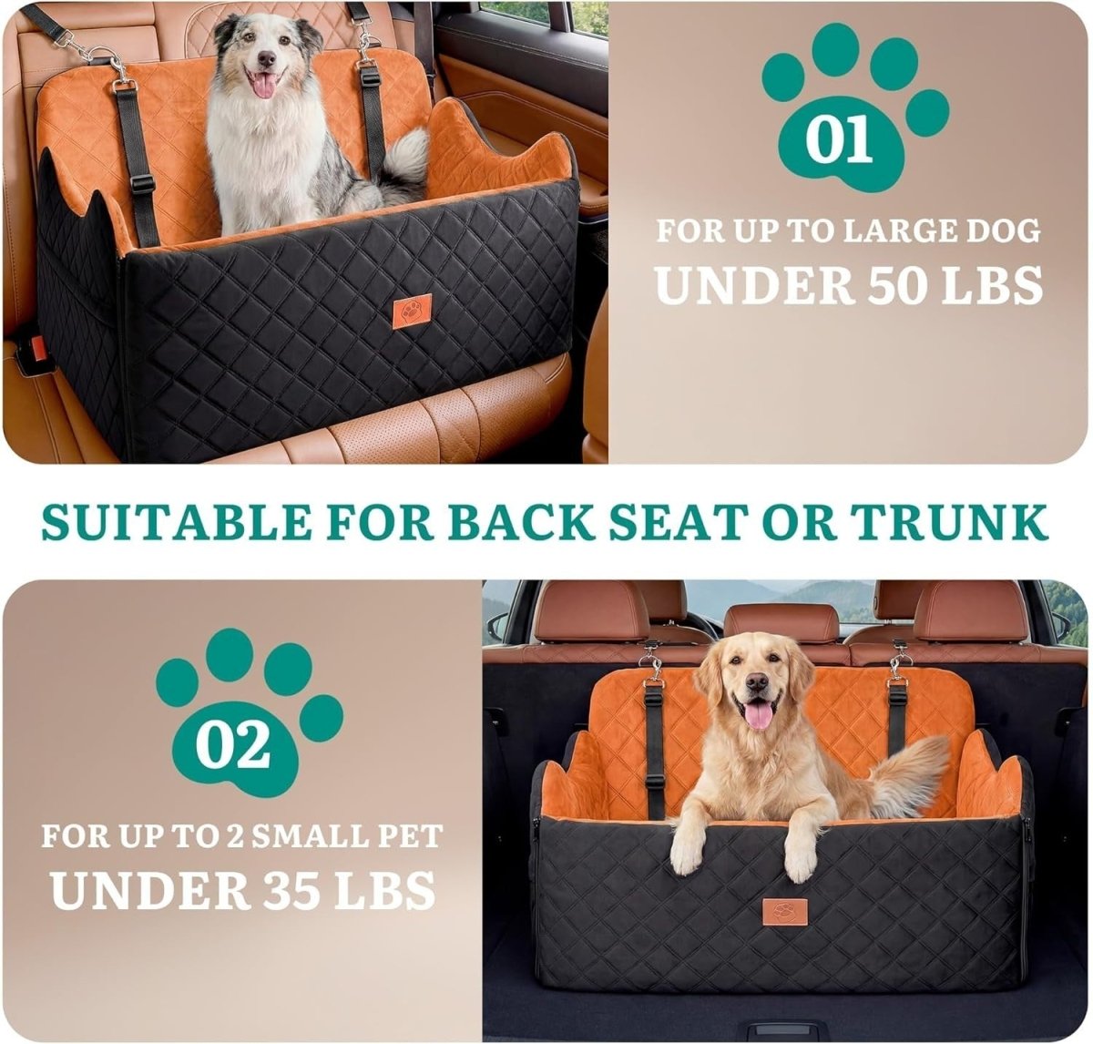 Large Dog Car Seat Booster Bed Memory Foam Washable Travel Seat 55lb - Kwikley