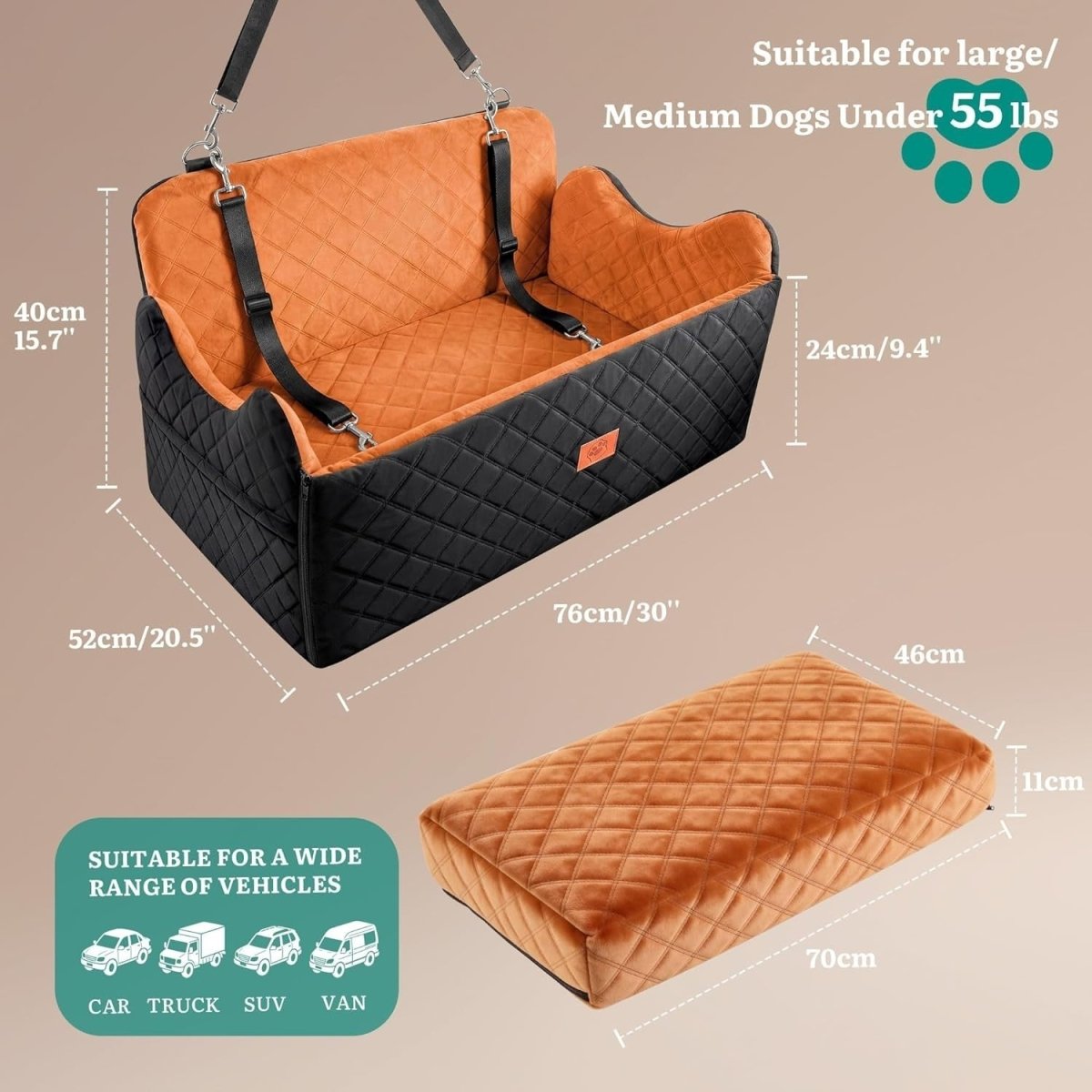 Large Dog Car Seat Booster Bed Memory Foam Washable Travel Seat 55lb - Kwikley