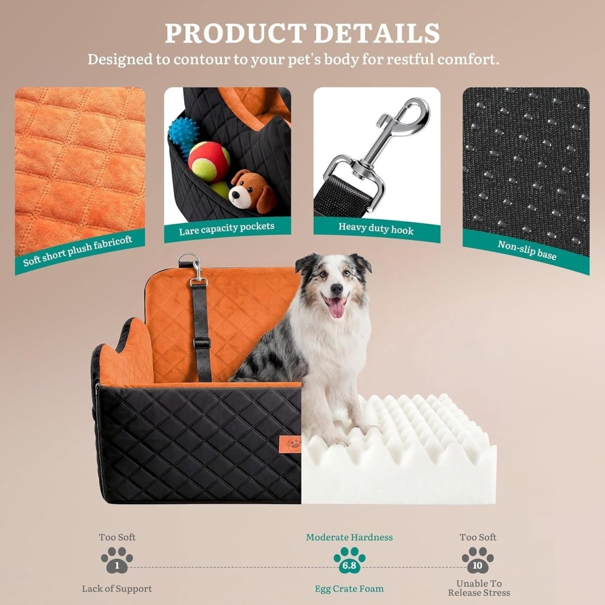 Large Dog Car Seat Booster Bed Memory Foam Washable Travel Seat 55lb - Kwikley