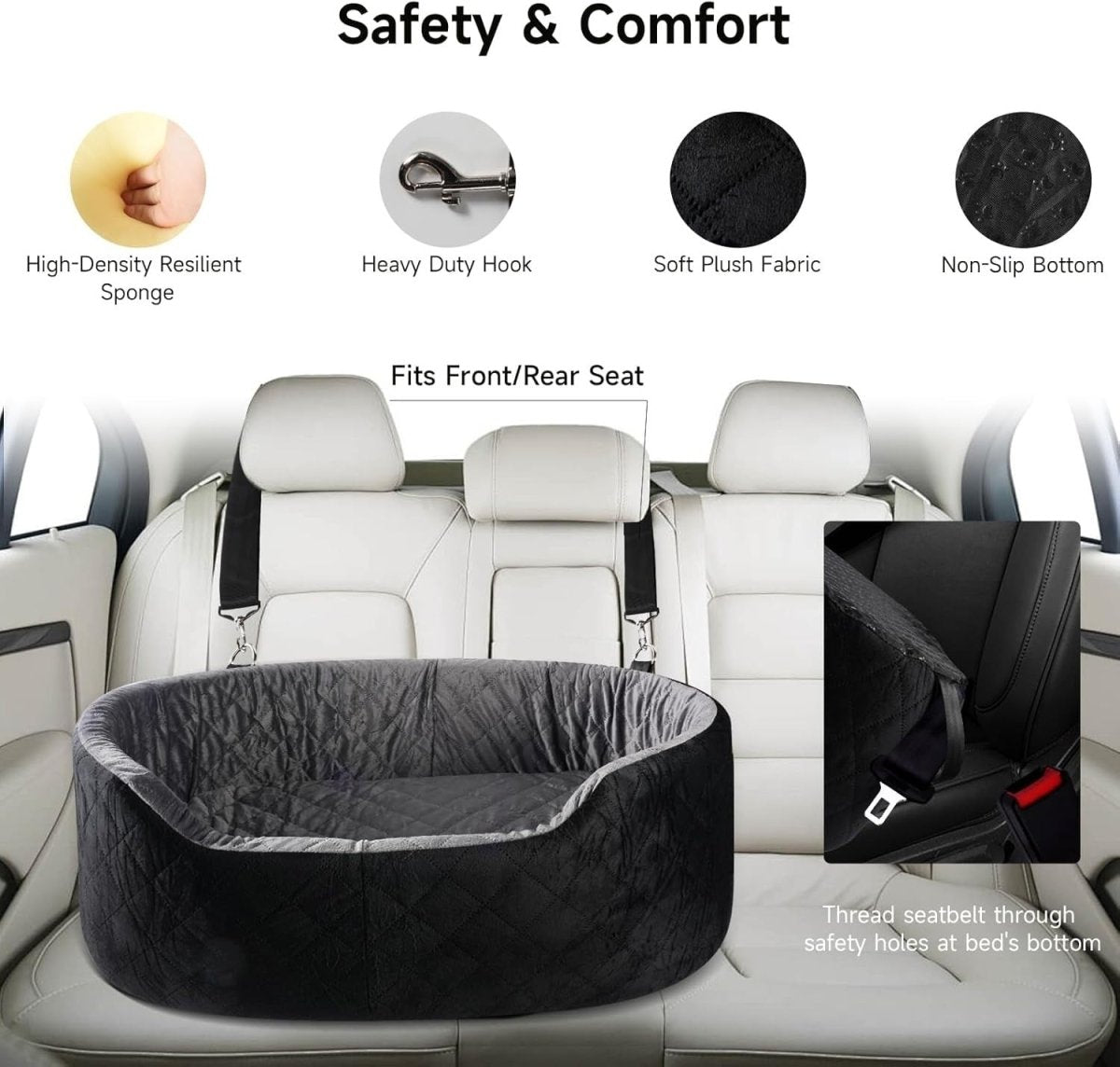 Large Dog Car Seat Booster Memory Foam Pet Travel Bed Washable Black - Kwikley