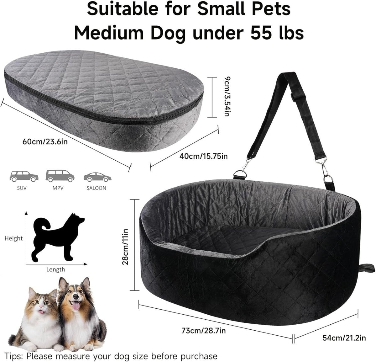 Large Dog Car Seat Booster Memory Foam Pet Travel Bed Washable Black - Kwikley