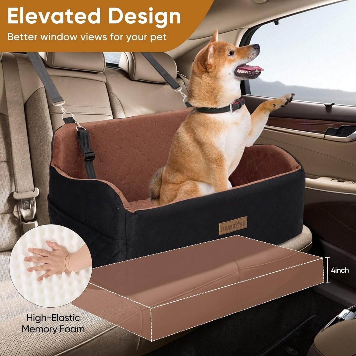 Large Dog Car Seat Memory Foam Booster Bed 55lb Washable Travel Seat - Kwikley
