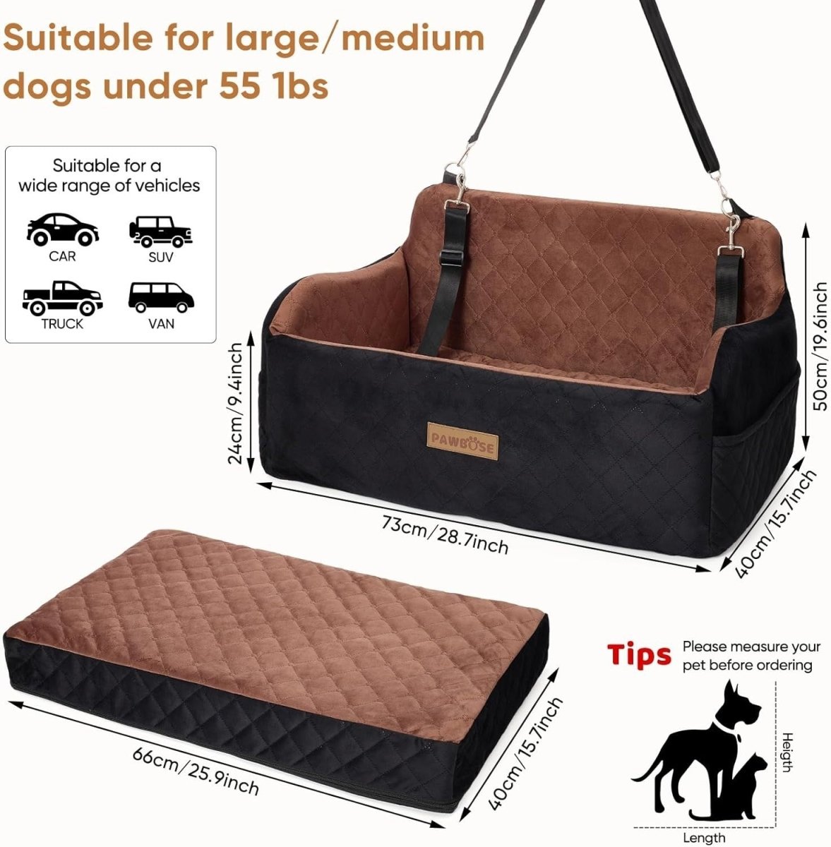 Large Dog Car Seat Memory Foam Booster Bed 55lb Washable Travel Seat - Kwikley