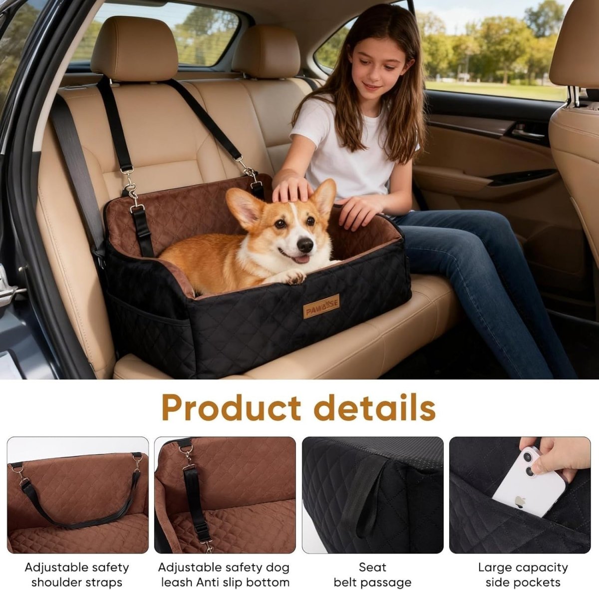 Large Dog Car Seat Memory Foam Booster Bed 55lb Washable Travel Seat - Kwikley