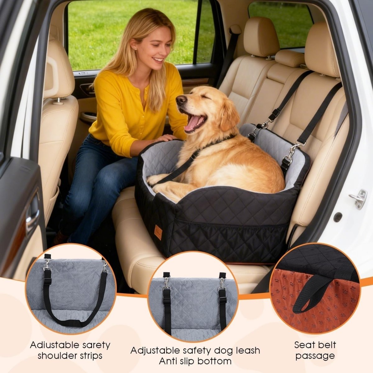 Large Dog Car Seat Memory Foam Booster Bed Washable Travel Seat 60lbs - Kwikley
