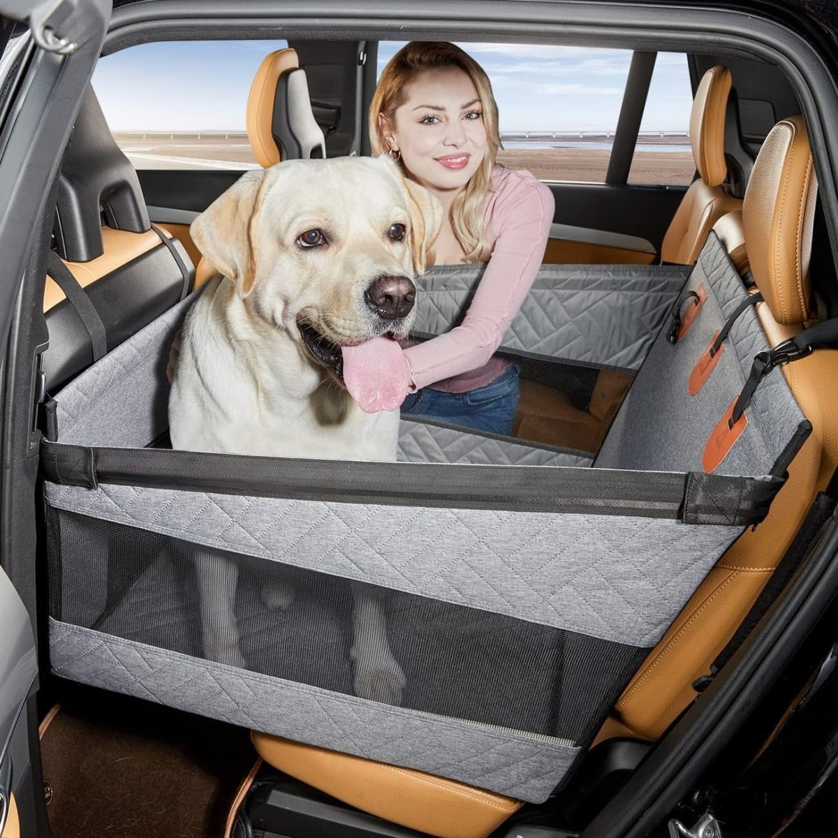 Large Dog Car Seat Rear Seat Cover Extendable Platform 30kg Grey - Kwikley