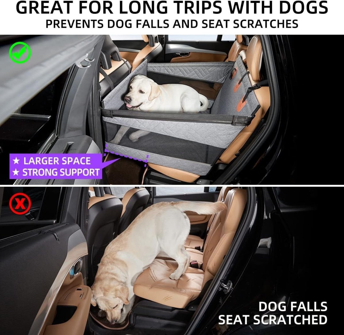 Large Dog Car Seat Rear Seat Cover Extendable Platform 30kg Grey - Kwikley
