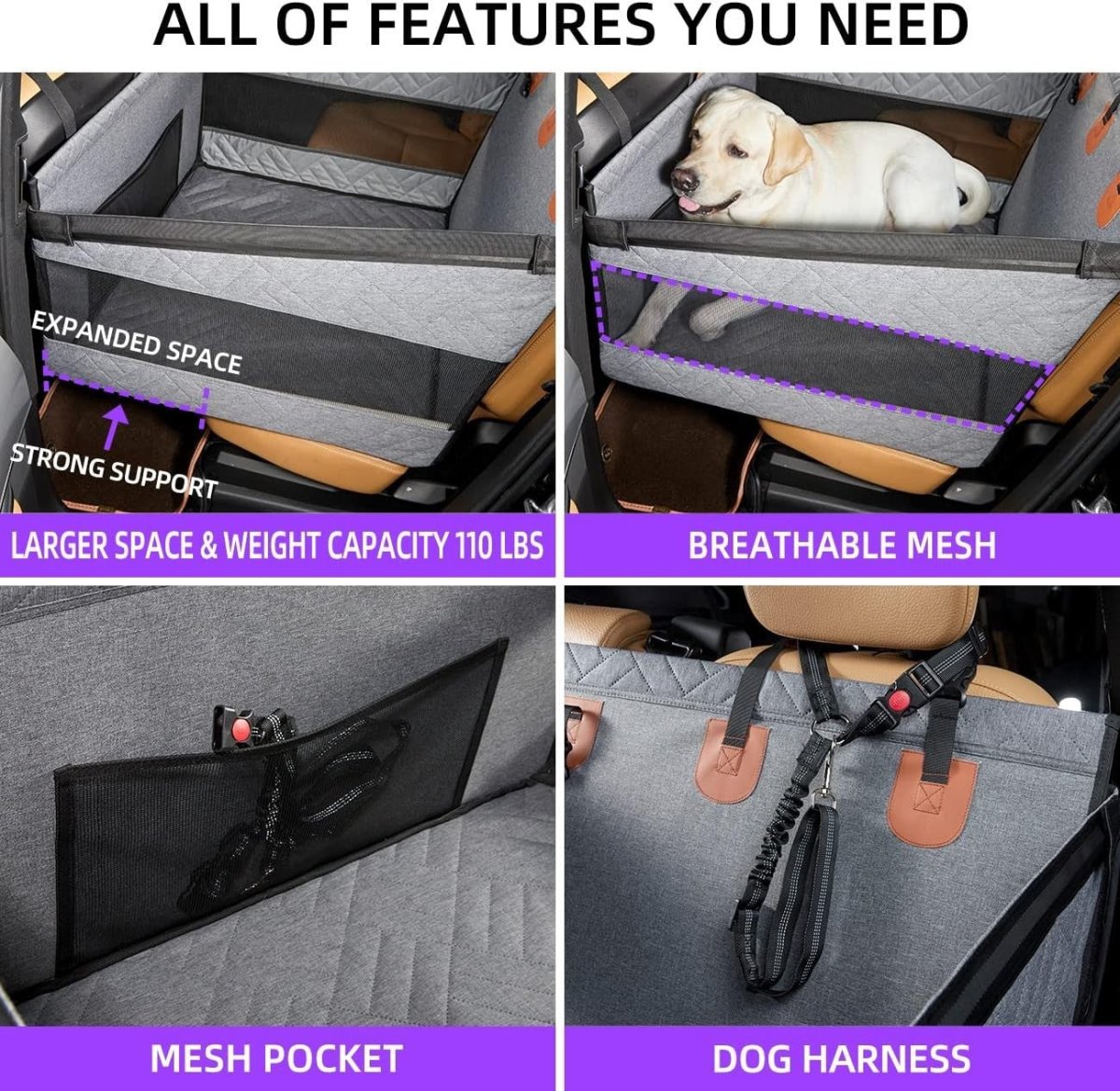 Large Dog Car Seat Rear Seat Cover Extendable Platform 30kg Grey - Kwikley