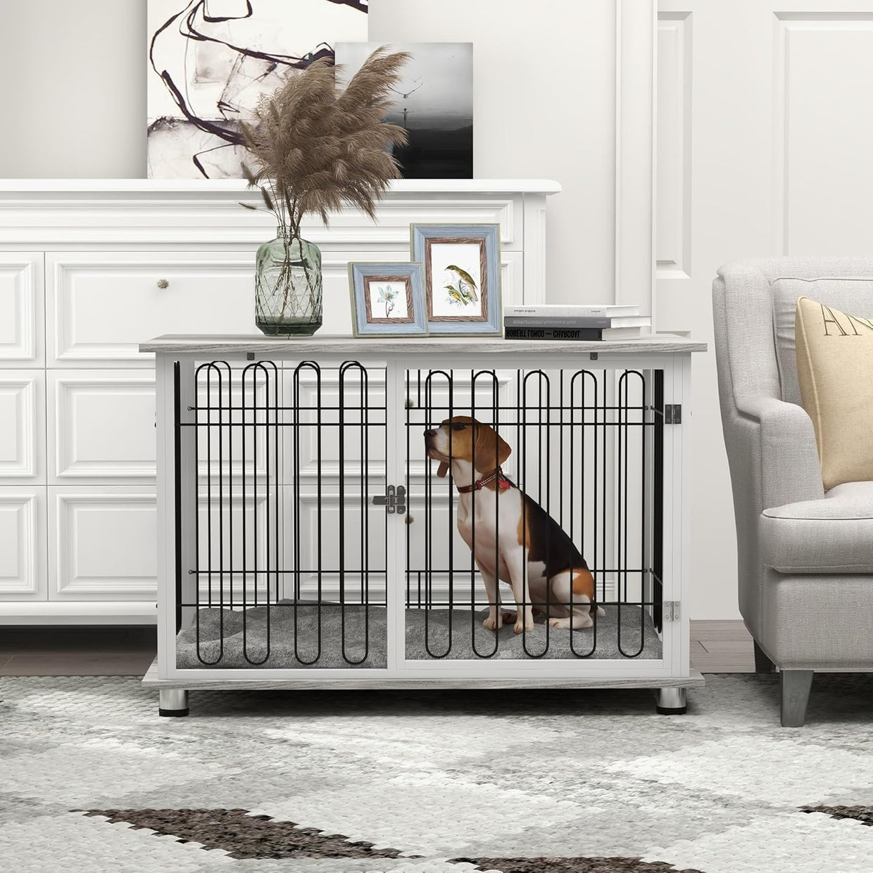 Large Dog Crate Furniture Table | Indoor Kennel w/ Cushion & Lockable Door - Kwikley