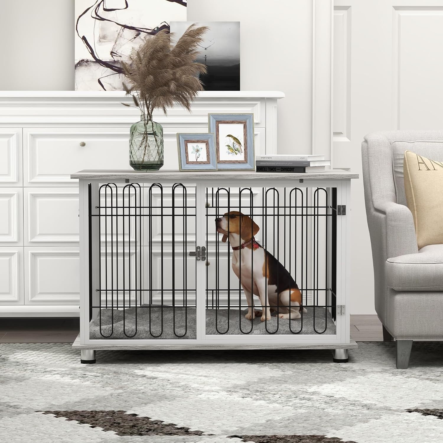 Large Dog Crate Furniture Table | Indoor Kennel w/ Cushion & Lockable Door - Kwikley