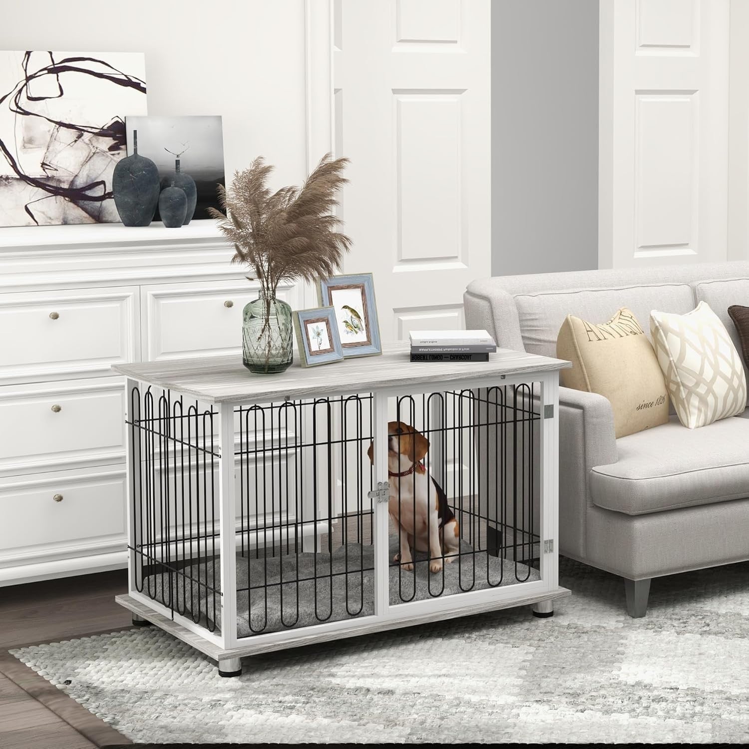 Large Dog Crate Furniture Table | Indoor Kennel w/ Cushion & Lockable Door - Kwikley