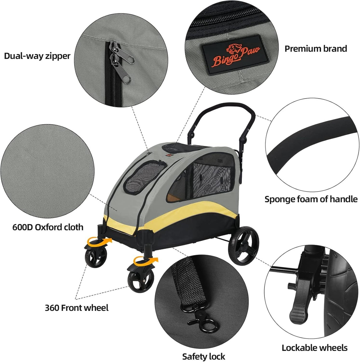 Large Dog Pet Stroller 4 Wheel Pushchair Breathable Buggy 42kg - Kwikley