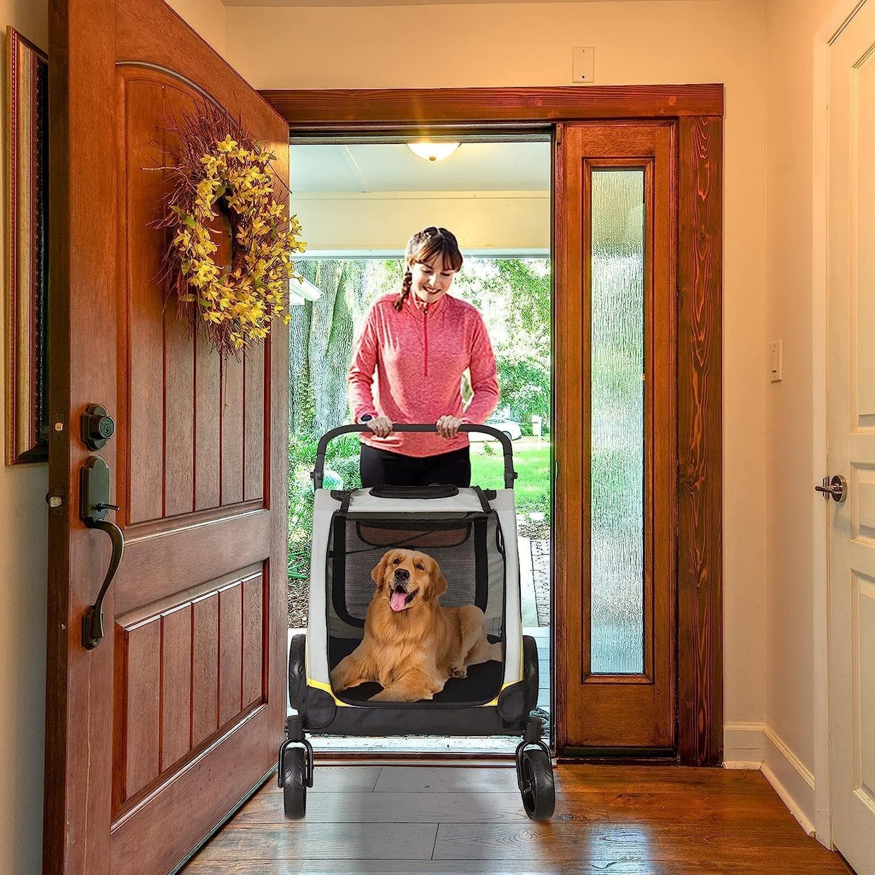 Large Dog Pet Stroller 4 Wheel Pushchair Breathable Buggy 42kg - Kwikley