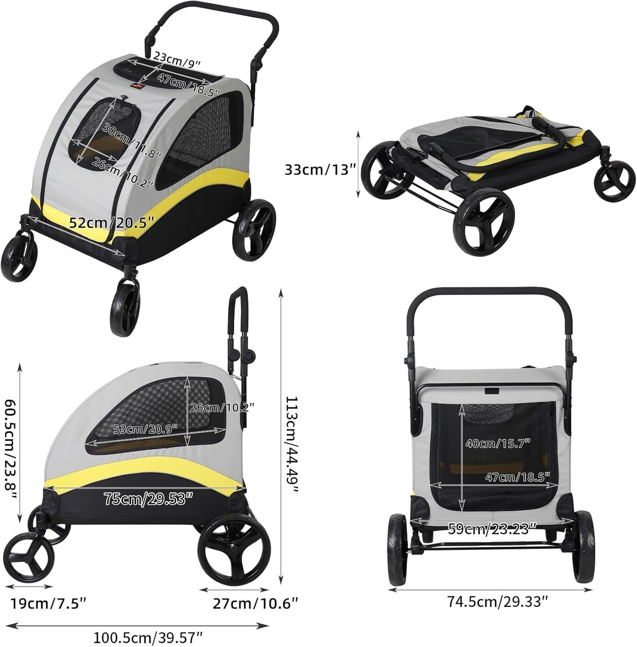 Large Dog Pet Stroller 4 Wheel Pushchair Breathable Buggy 42kg - Kwikley