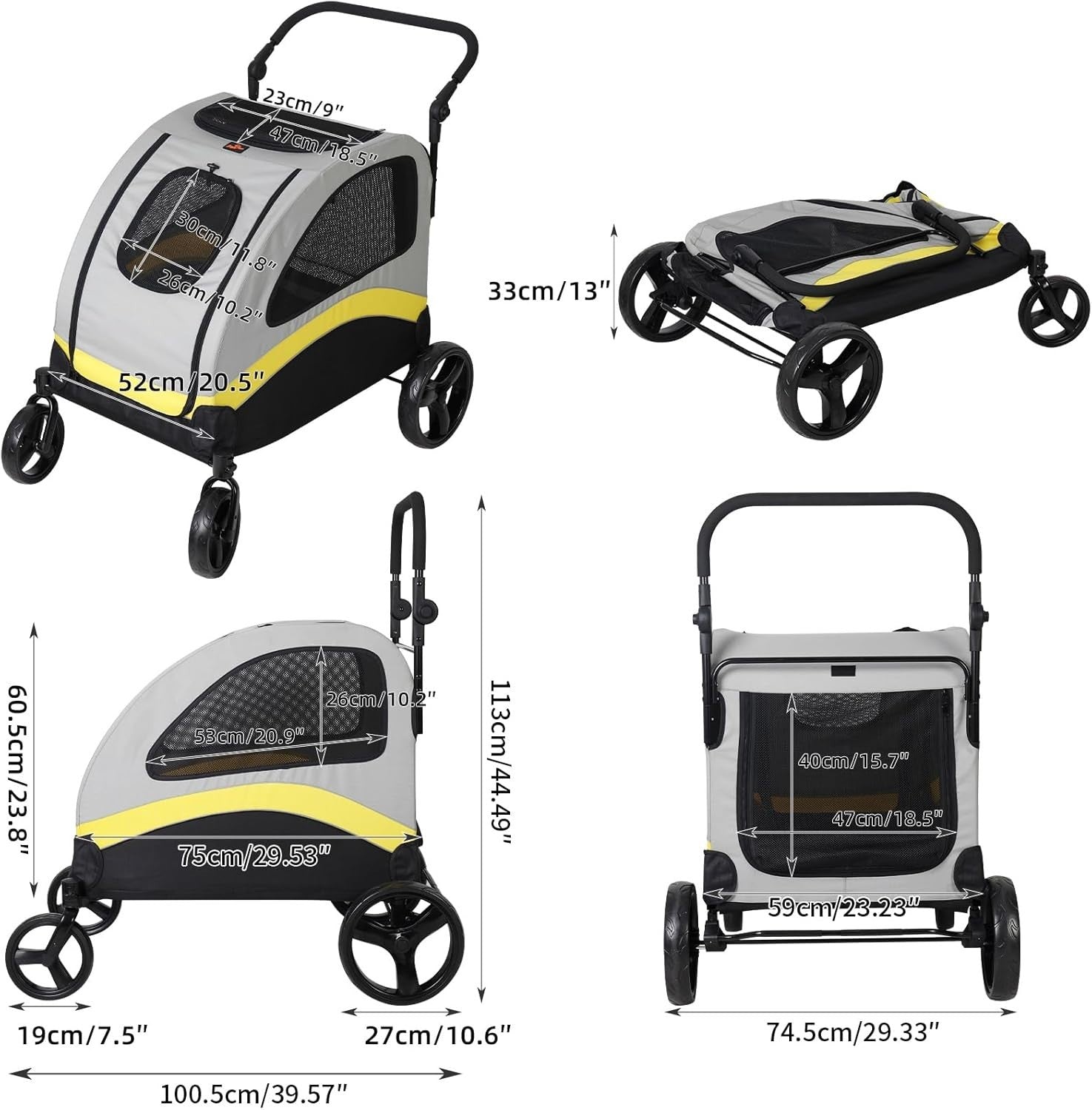 Large Dog Pet Stroller 4 Wheel Pushchair Breathable Buggy 42kg - Kwikley