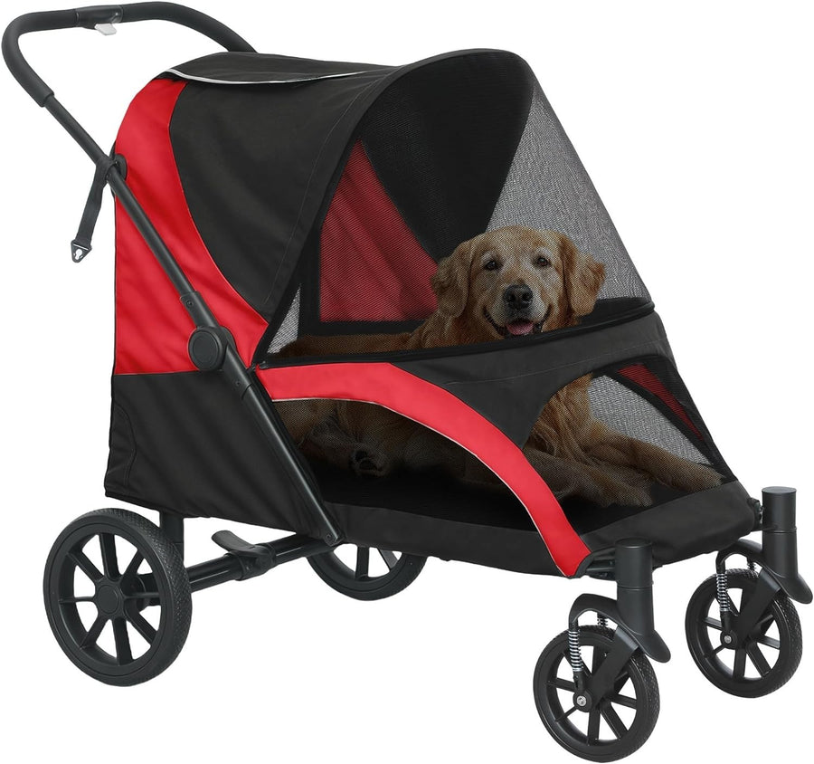 Large Dog Stroller Pet Pram Foldable Pushchair Shock - Absorbing Black Red - Kwikley
