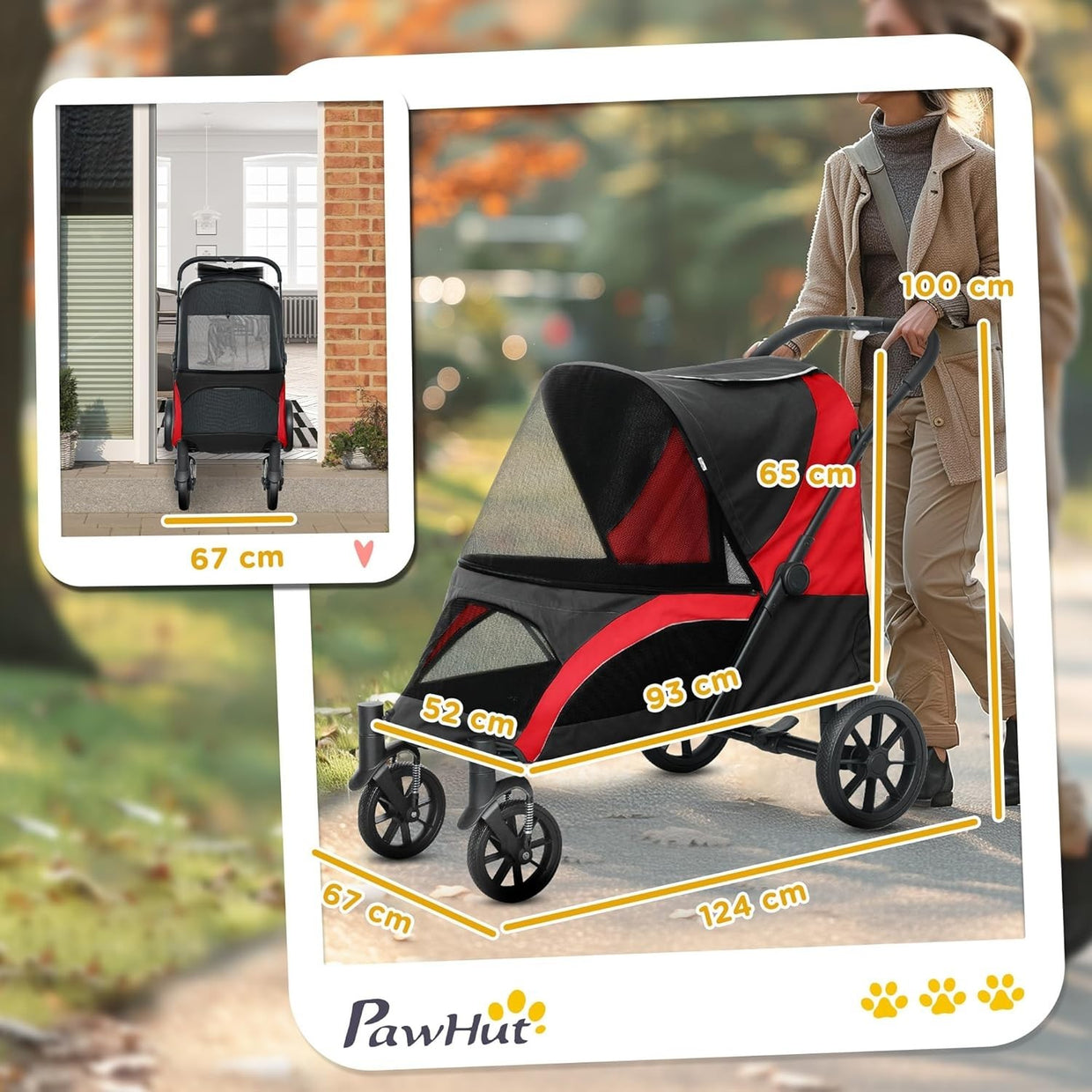 Large Dog Stroller Pet Pram Foldable Pushchair Shock - Absorbing Black Red - Kwikley