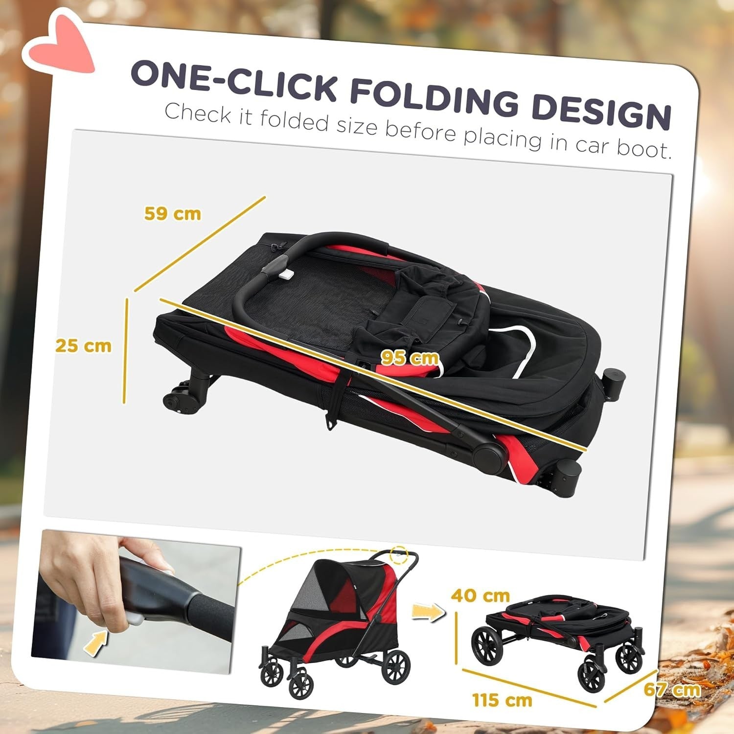 Large Dog Stroller Pet Pram Foldable Pushchair Shock - Absorbing Black Red - Kwikley
