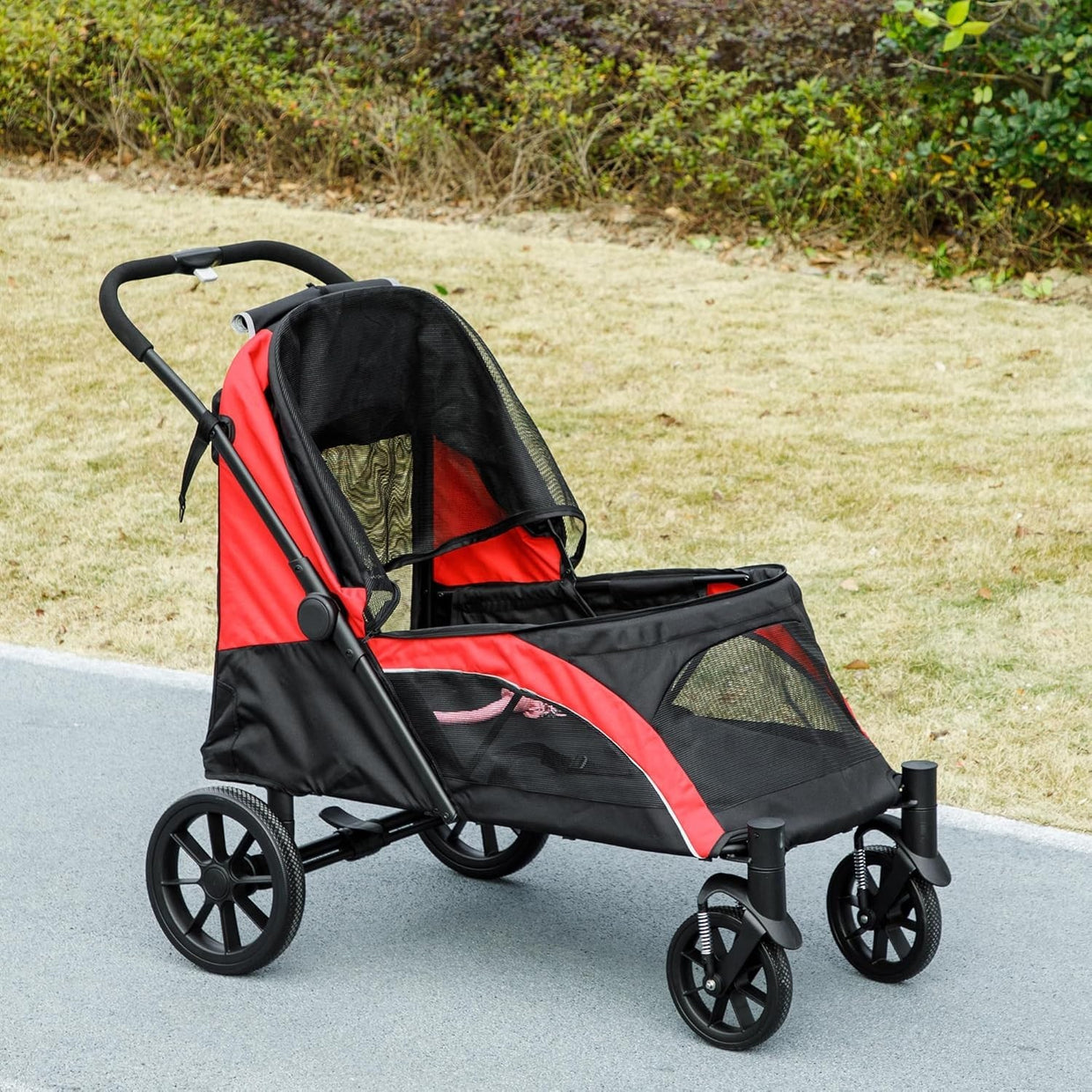 Large Dog Stroller Pet Pram Foldable Pushchair Shock - Absorbing Black Red - Kwikley