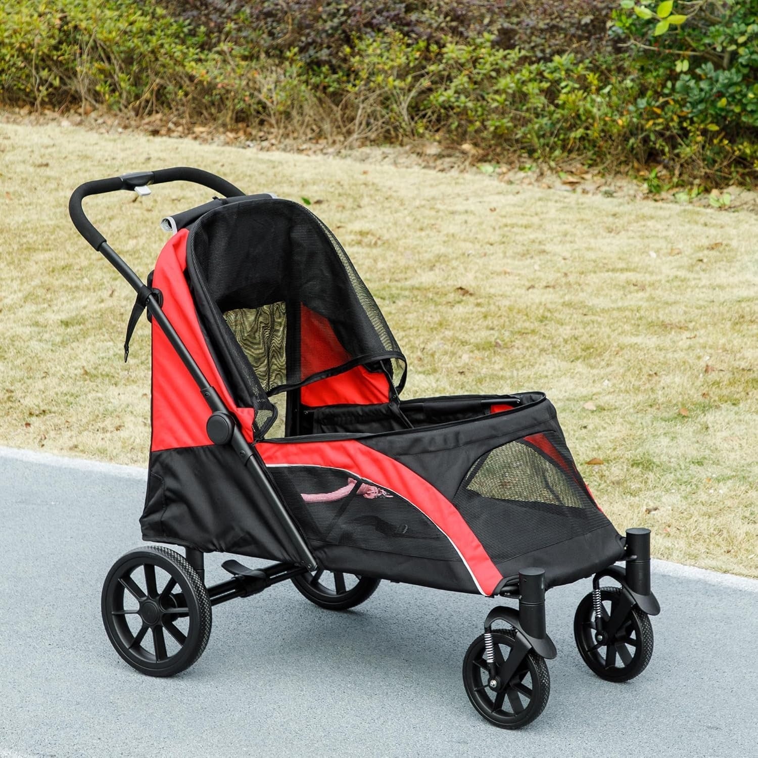 Large Dog Stroller Pet Pram Foldable Pushchair Shock - Absorbing Black Red - Kwikley