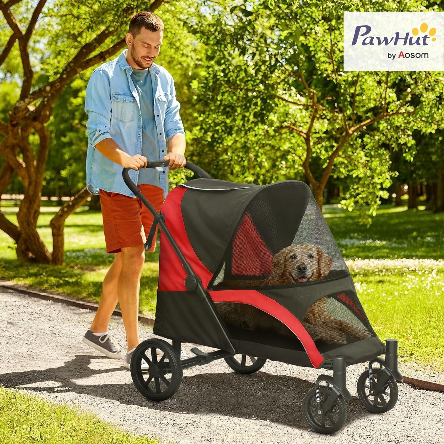 Large Dog Stroller Pet Pram Foldable Pushchair Shock - Absorbing Black Red - Kwikley