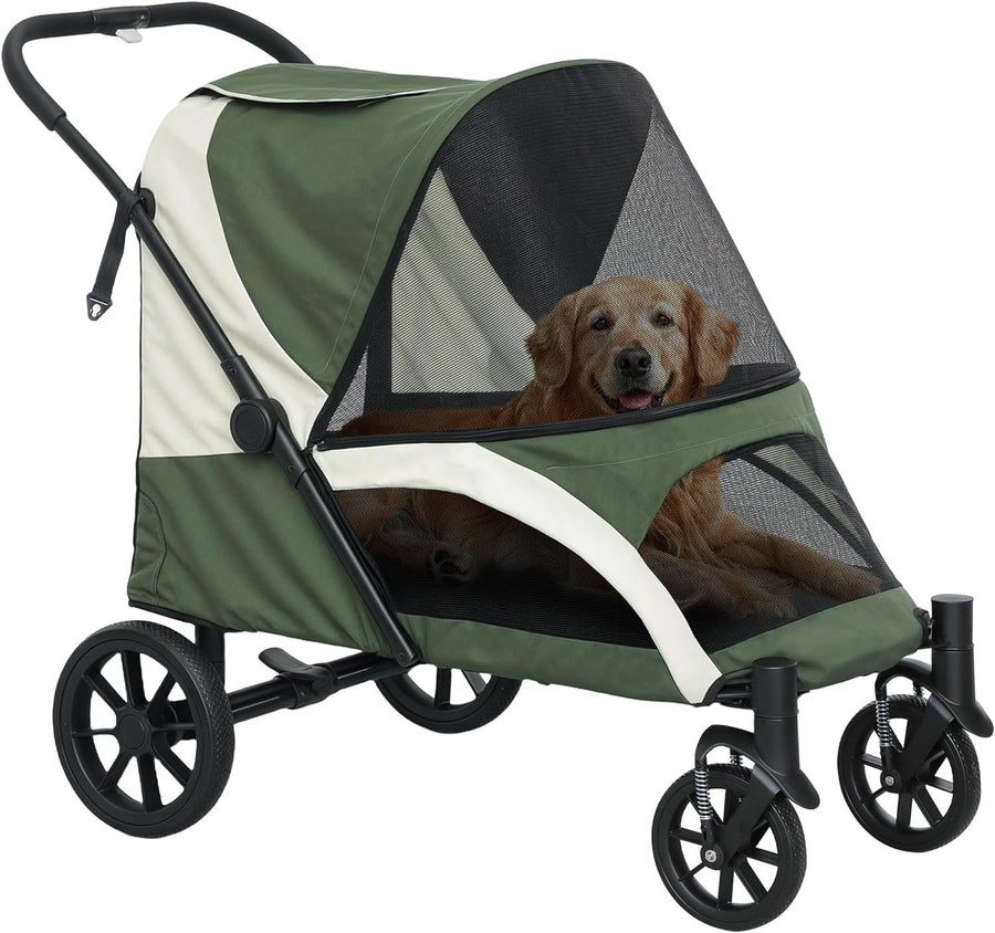 Large Dog Stroller Pet Pram Foldable Pushchair Shock - Absorbing Dark Green - Kwikley